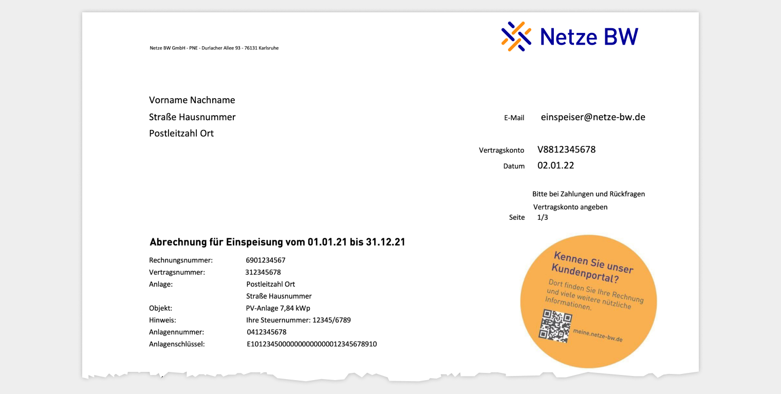 Abrechnung Netze BW, Einspeisung 01.01.21-31.12.21.