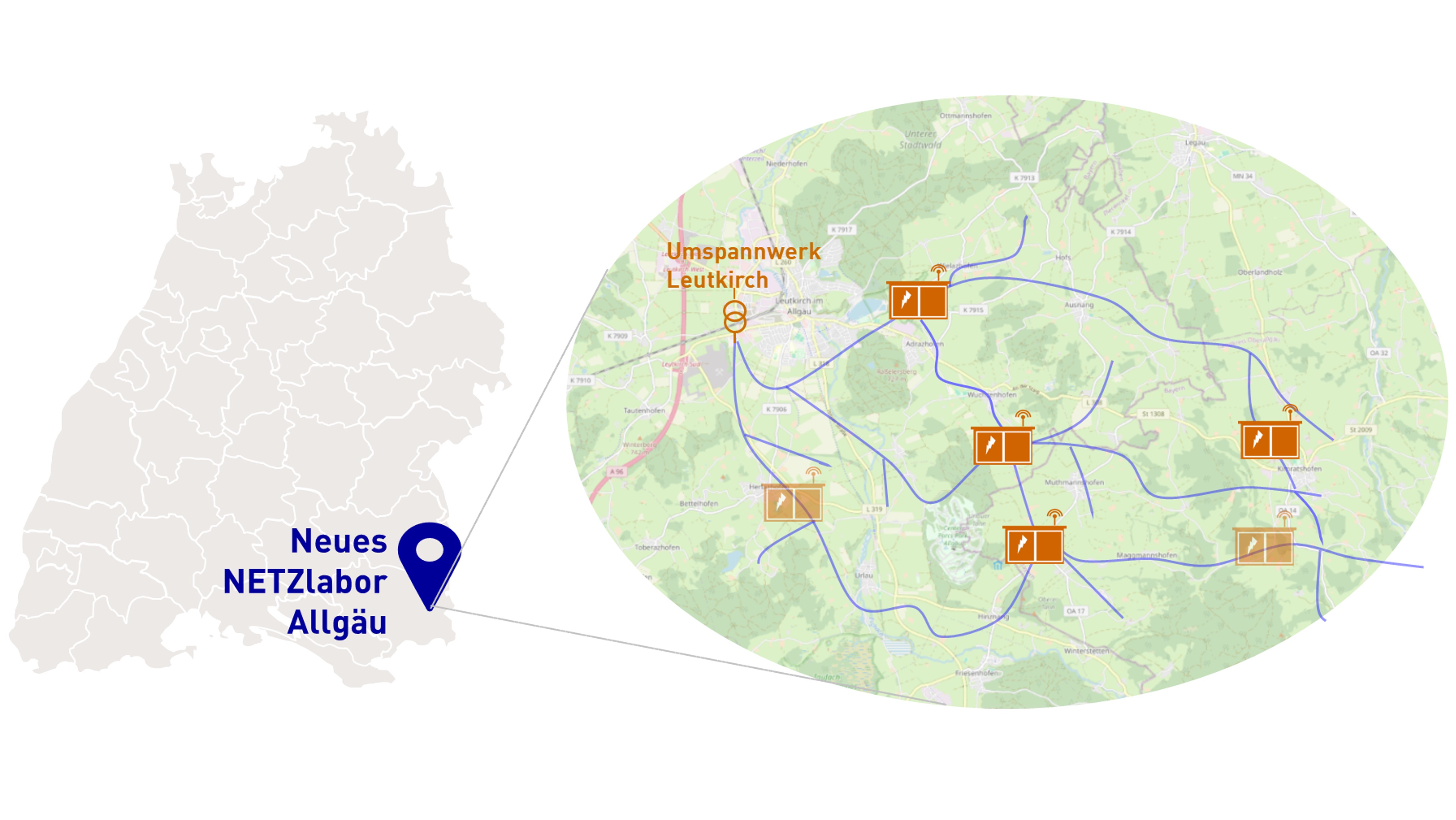 Karte: Netzlabor Allgäu & Umspannwerk Leutkirch.