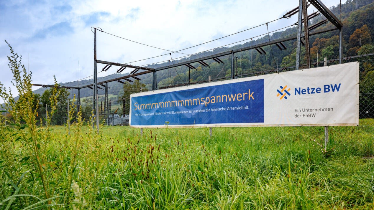 Netze-BW-Banner vor Umspannwerk.