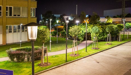 Beleuchtete Außenanlage mit Bäumen und Gebäuden bei Nacht.