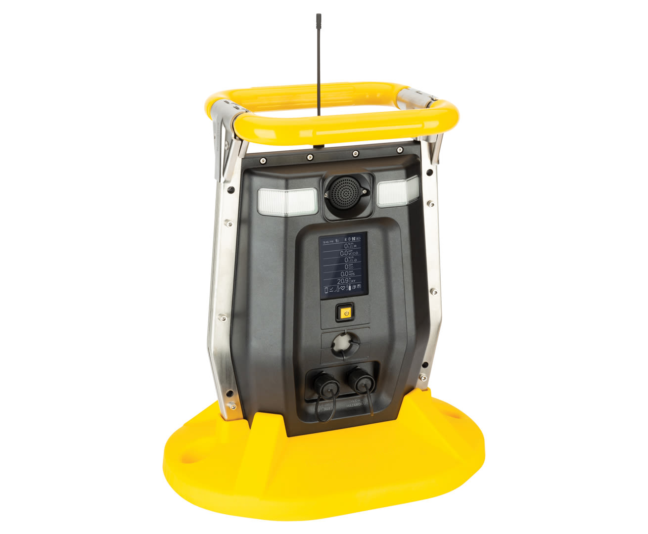 Tragbares Gaswarngerät mit Display und Antenne.