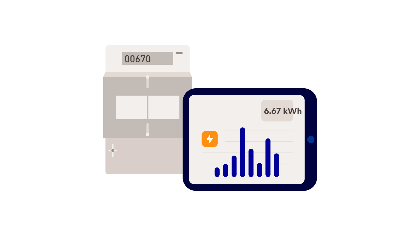 Digitaler Zähler und Tablet mit Energiedaten.