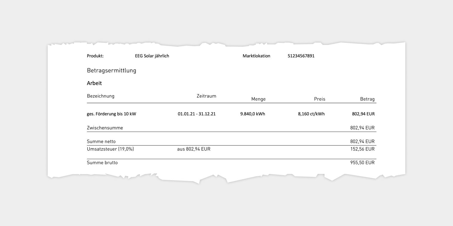 Rechnung EEG Solarförderung: 955,50 EUR