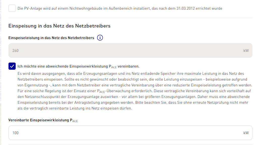 Portal: Eingabe für abweichende Einspeisewirkleistung.