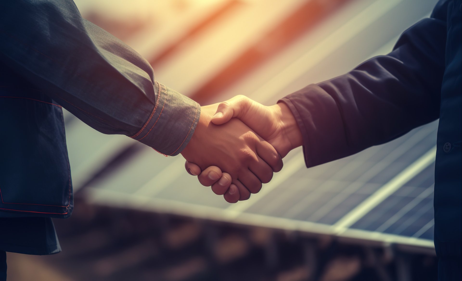 Zwei Menschen geben sich die Hand vor Solarpanelen.