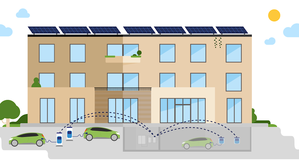 Illustration eines Mehrfamilienhaus mit Solaranlage & E-Ladestationen.