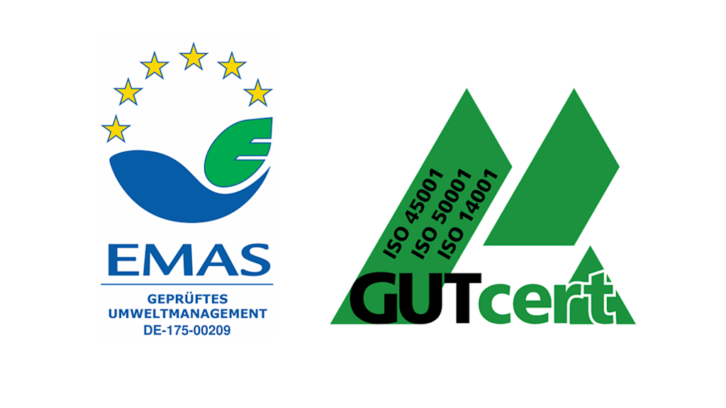 EMAS- und GUTcert-Zertifikate. ISO 45001, 50001, 14001.