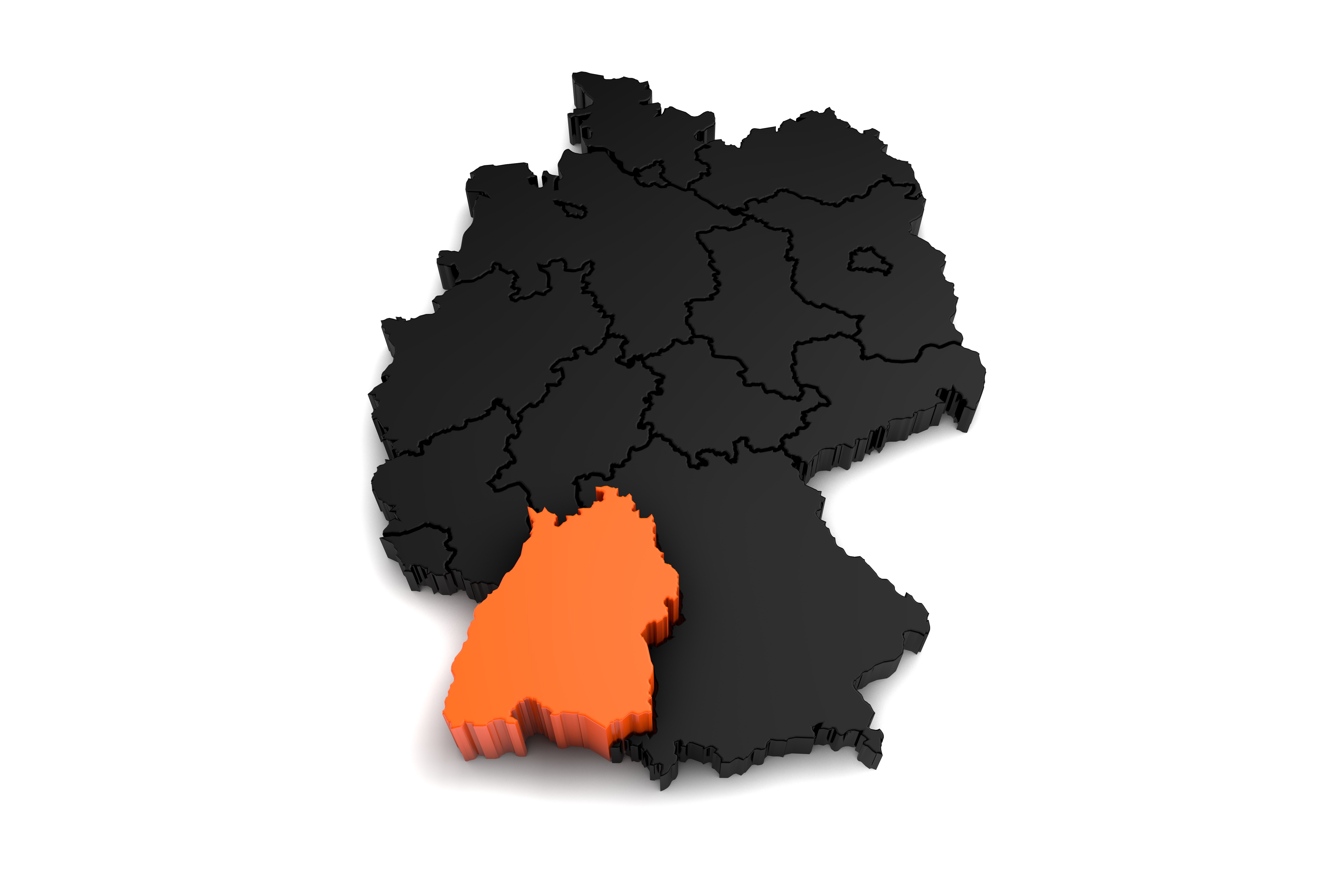 3D-Karte Deutschlands, Baden-Württemberg hervorgehoben.