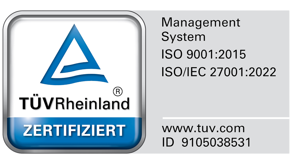TÜV-Rheinland-Zertifizierungslogo für ISO 9001:2015 und ISO/IEC 27001:2022.