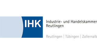 Logo in hellblau und dunkelblau der IHK Reutlingen.