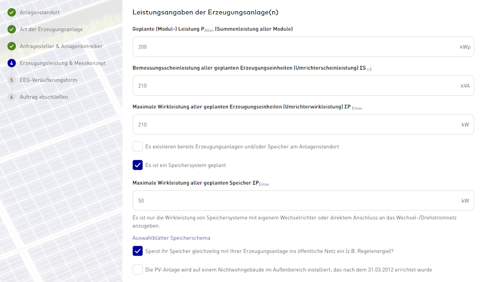 Portal-Ansicht: Eingabe von Erzeugungsleistung und Speichersystem.