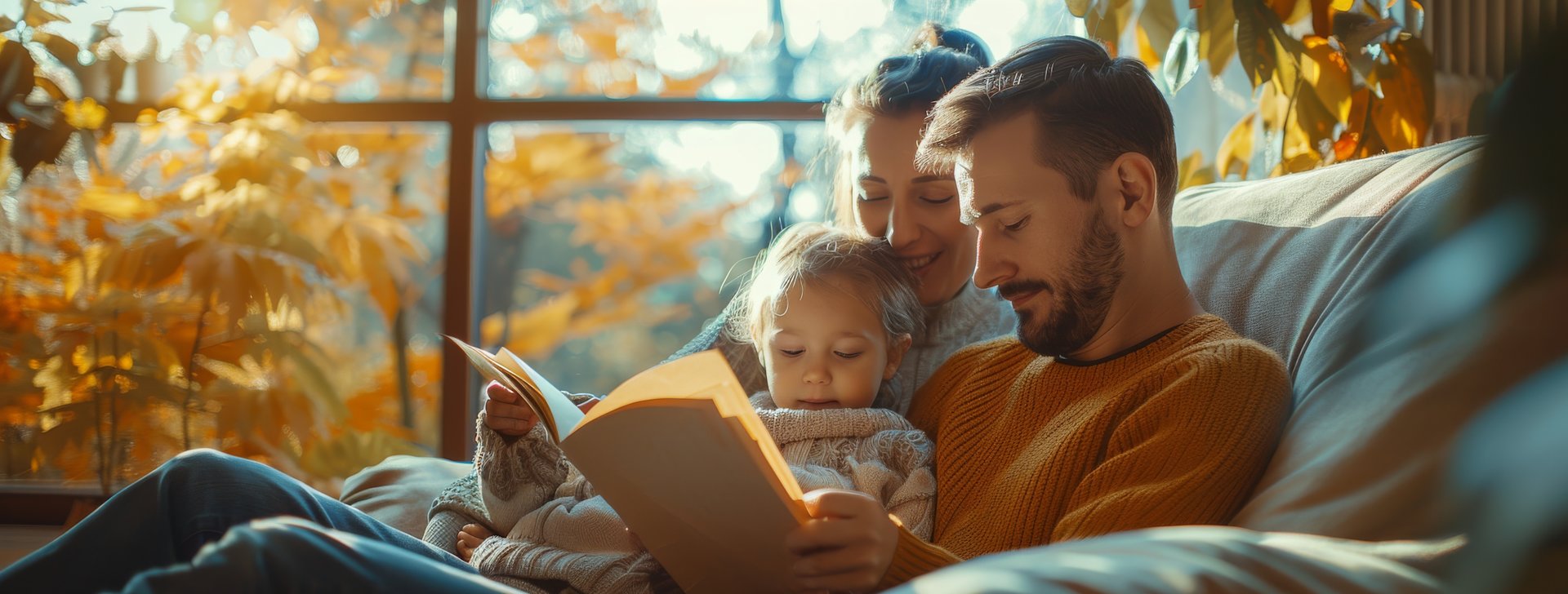 Familie liest gemeinsam auf dem Sofa.