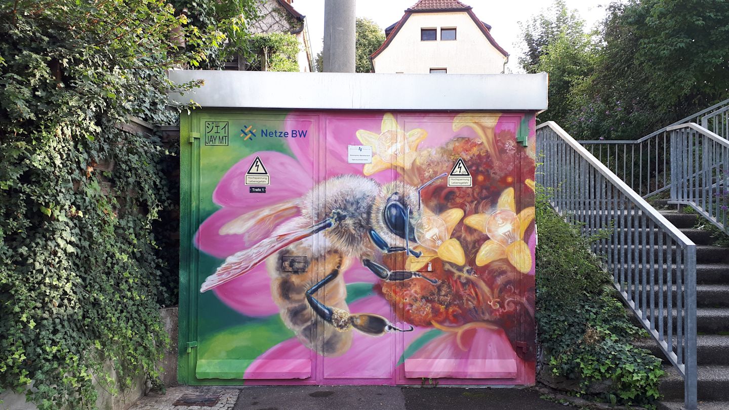 Trafohäuschen-Graffiti: Biene und Glühbirnen-Blüten.