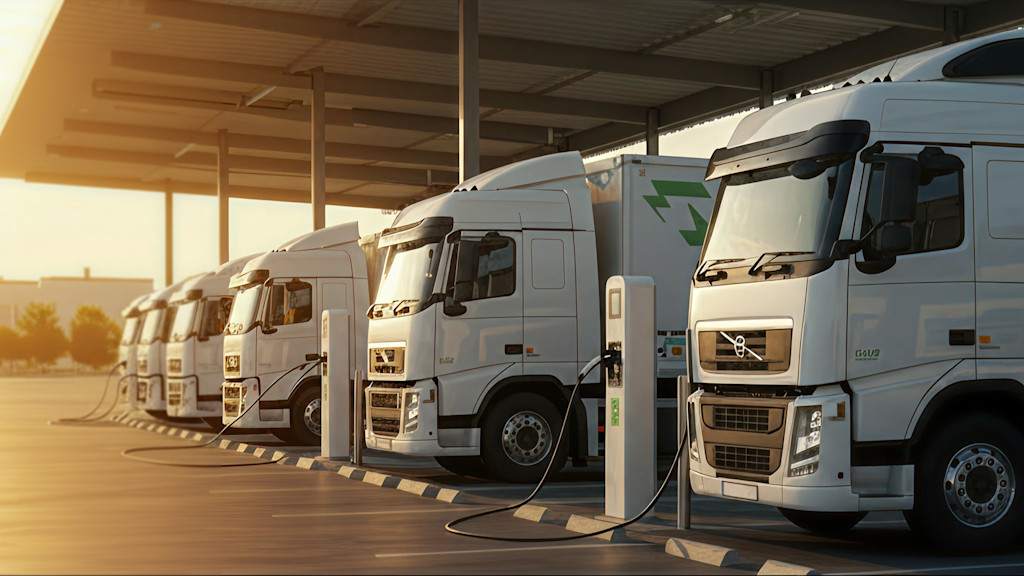 Batteriebetriebene LKW beim Ladevorgang an einer Ladesäule