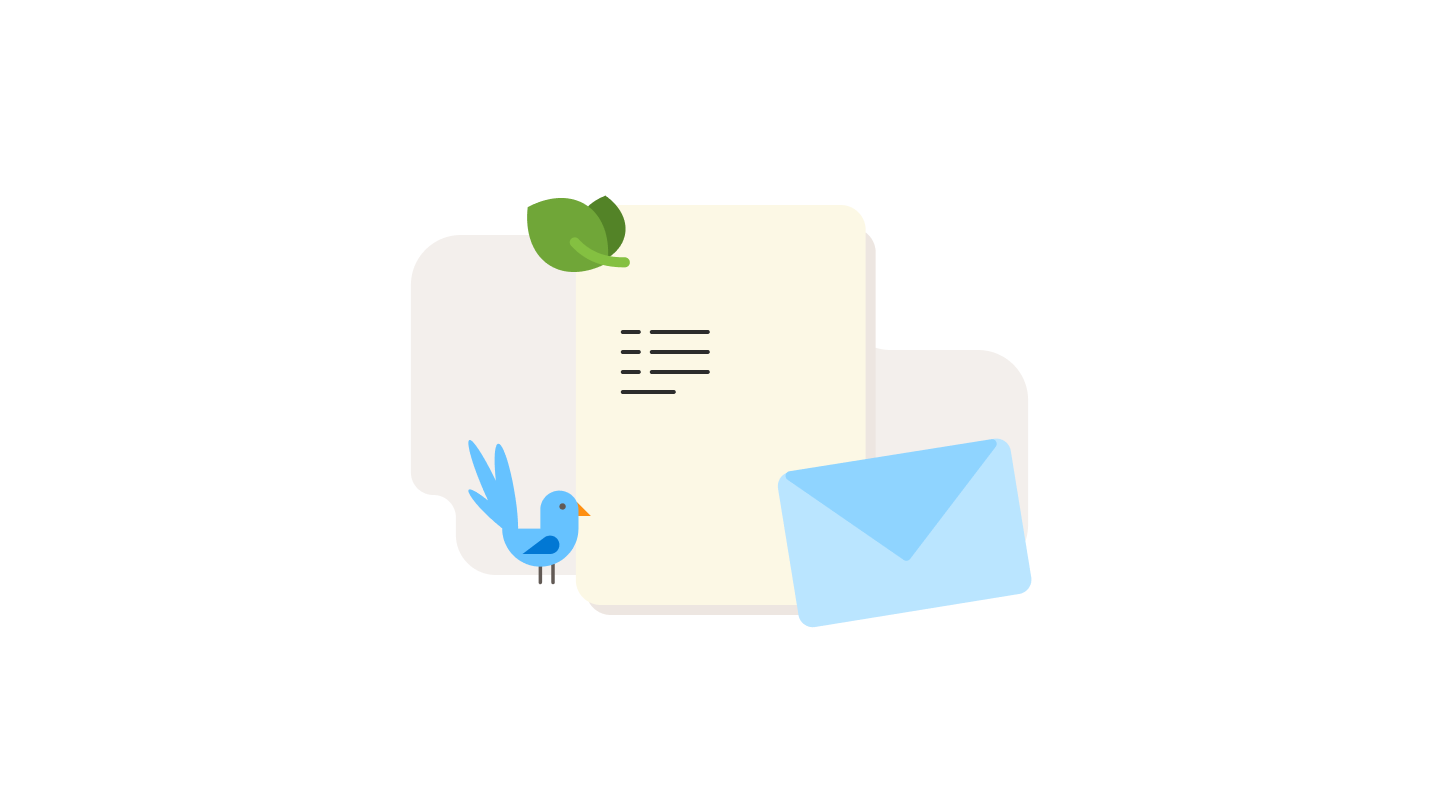 Symbole für Posteingang: Brief, Liste, Vogel.