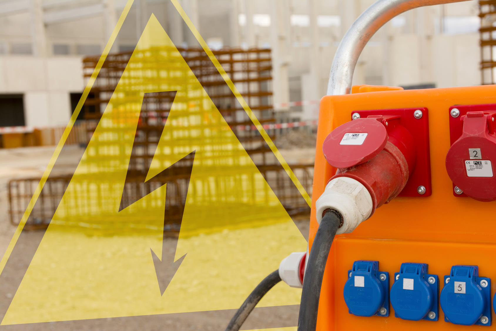 Stromverteilerkasten auf Baustelle, Gefahr Stromschlag.