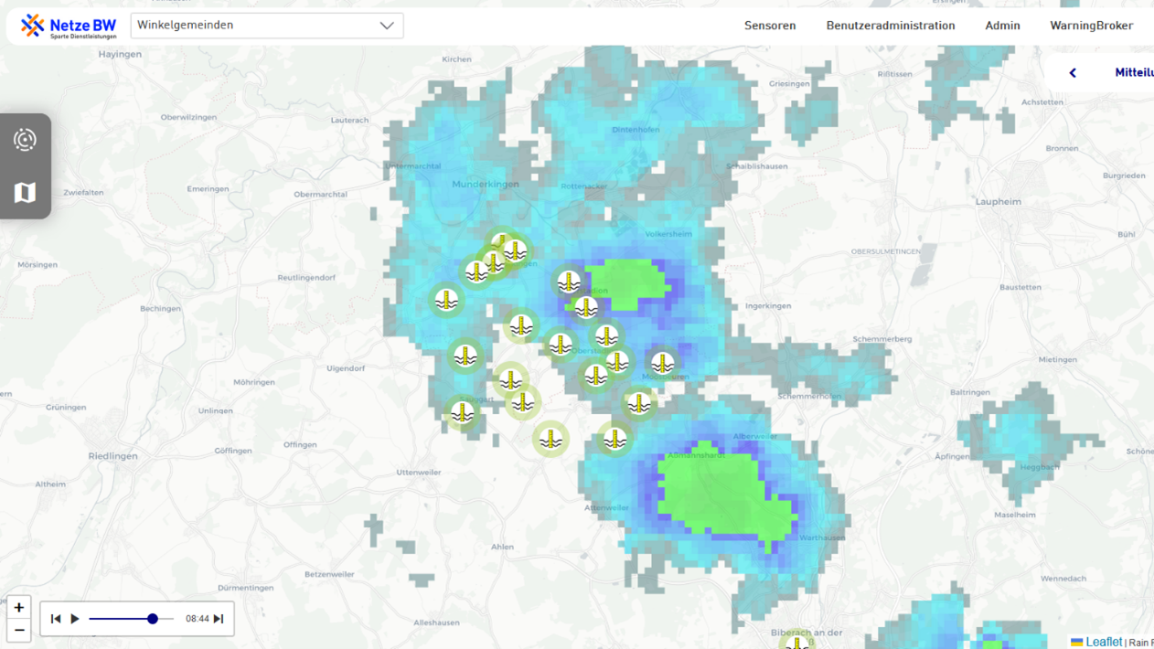 Karte mit lokalen Starkregen-Prognosen.