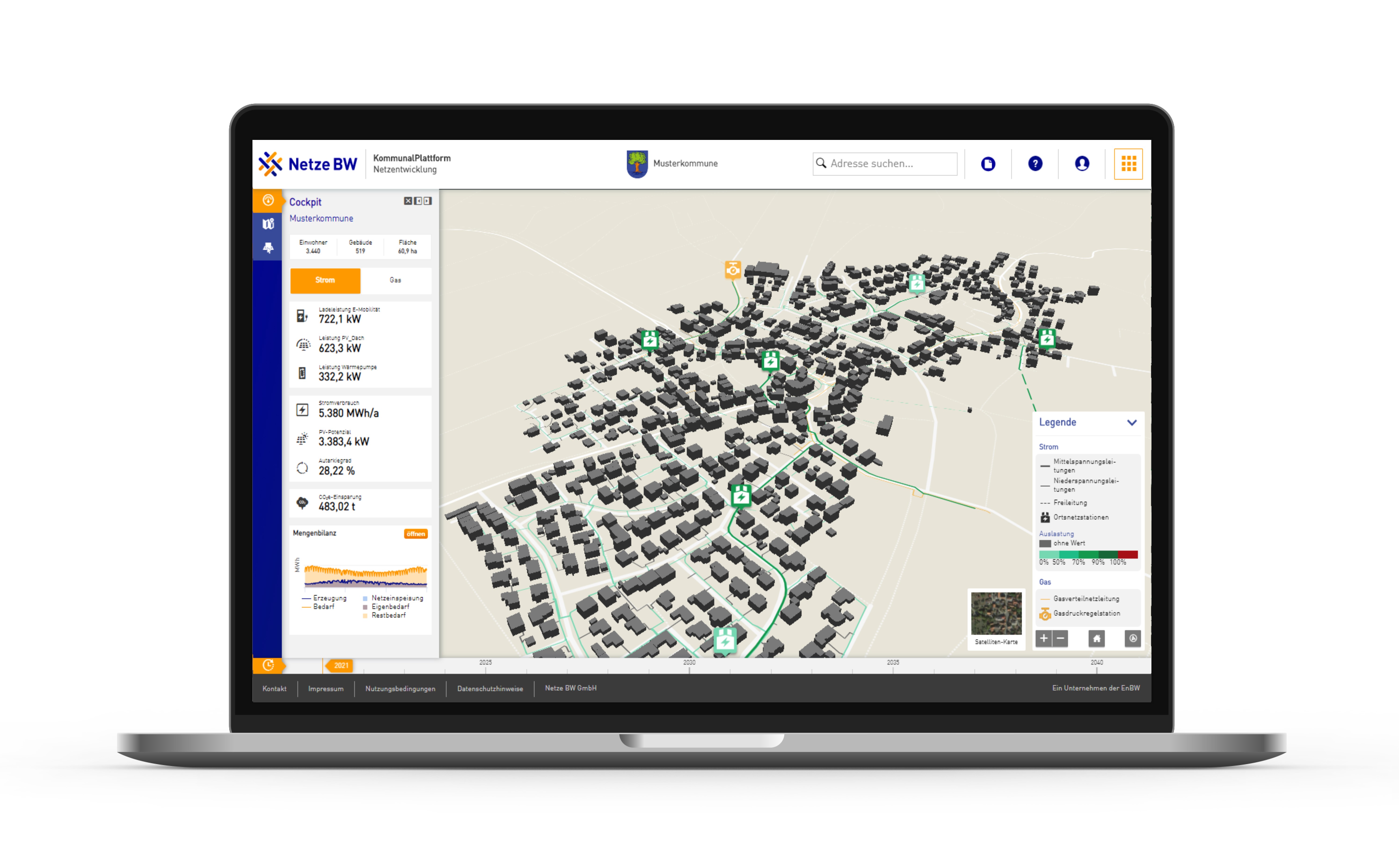Laptop zeigt 3D-Stadtmodell mit Energiedaten von Netze BW.