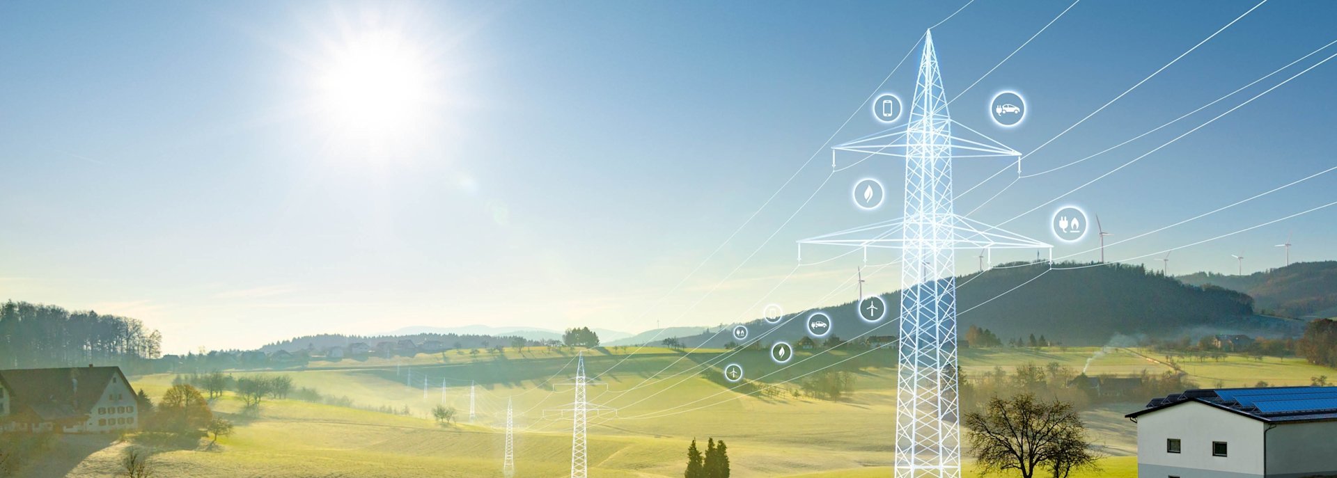 Hochspannungsmast: E-Mobilität, Energie & Smart Home.