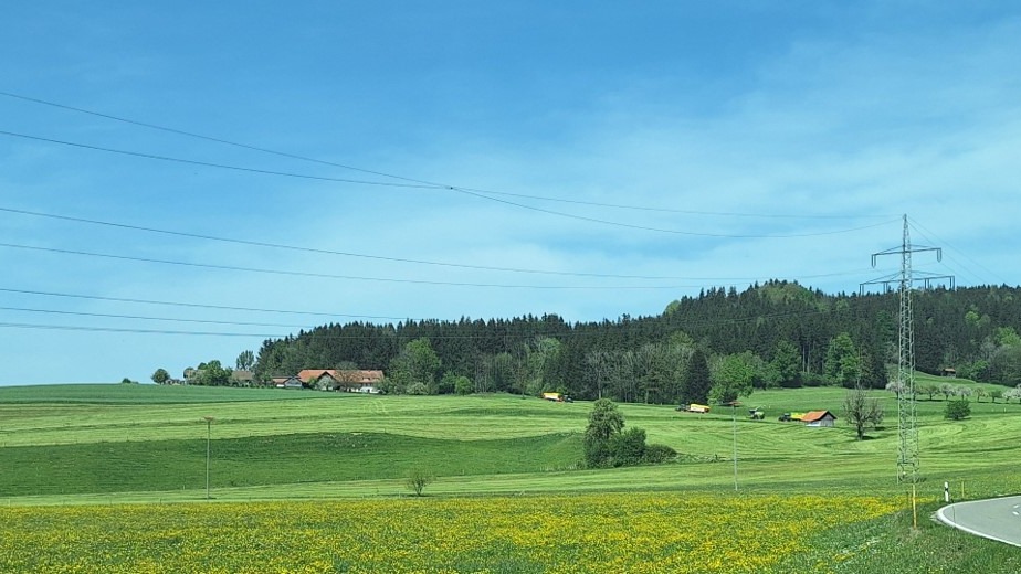 Idyllische Landschaft mit Feldern, Häusern und Wald.