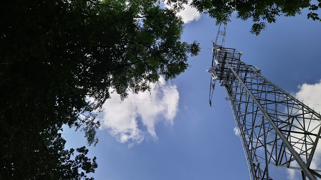Funkmast schräg von unten fotografiert neben Laubbäumen