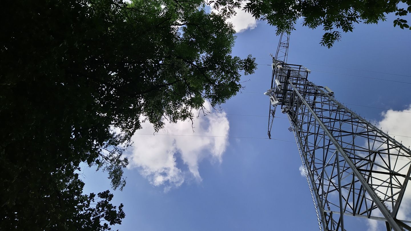 Funkmast schräg von unten fotografiert neben Laubbäumen