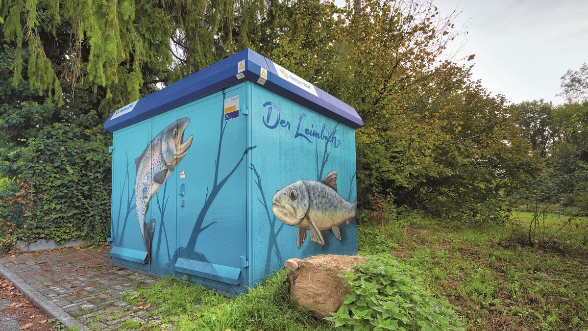 Graffiti mit Fischen auf einem Netze BW Stromverteilerkasten.