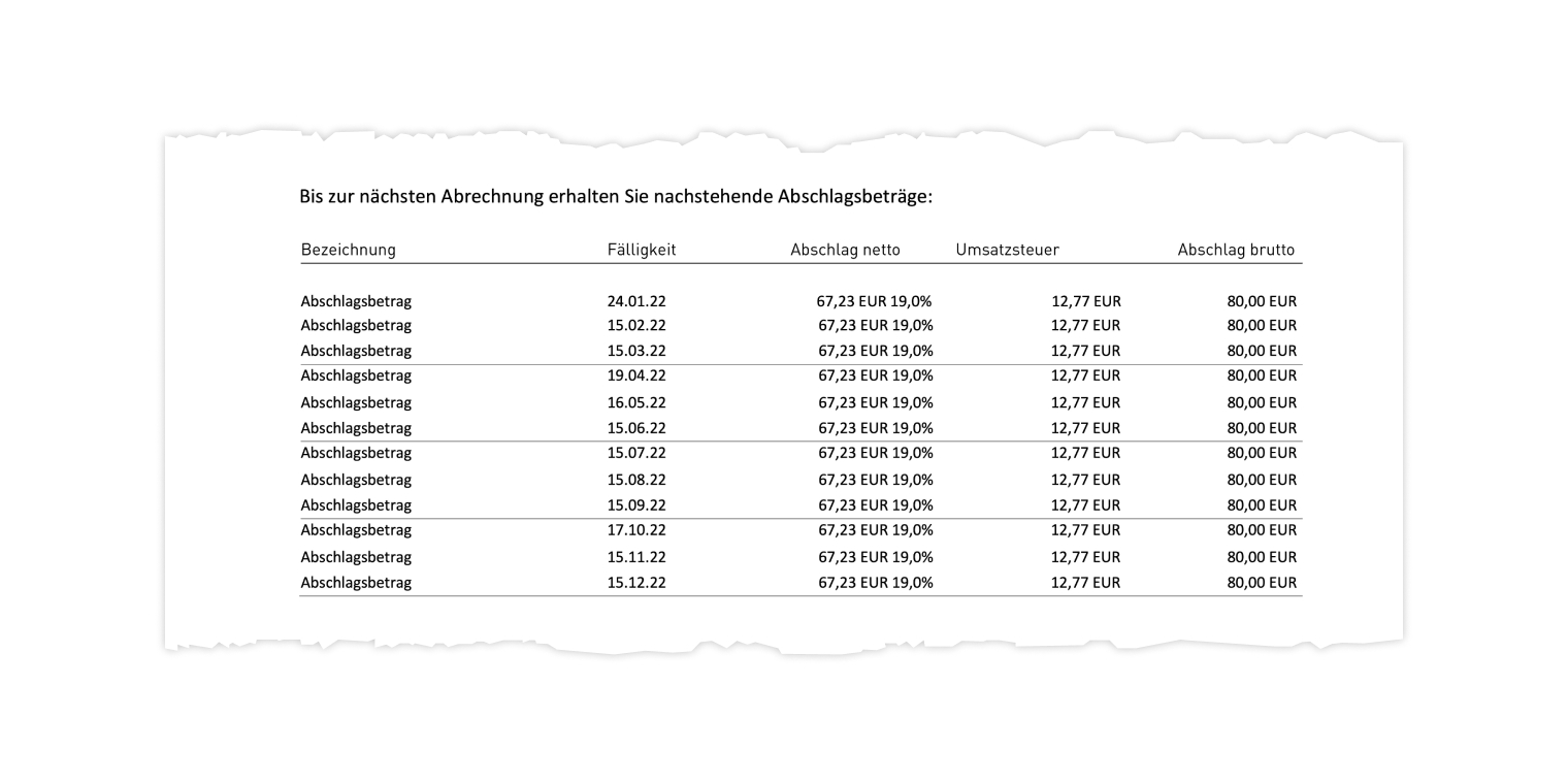 Beispielabrechnung mit Abschlagsbeträgen.