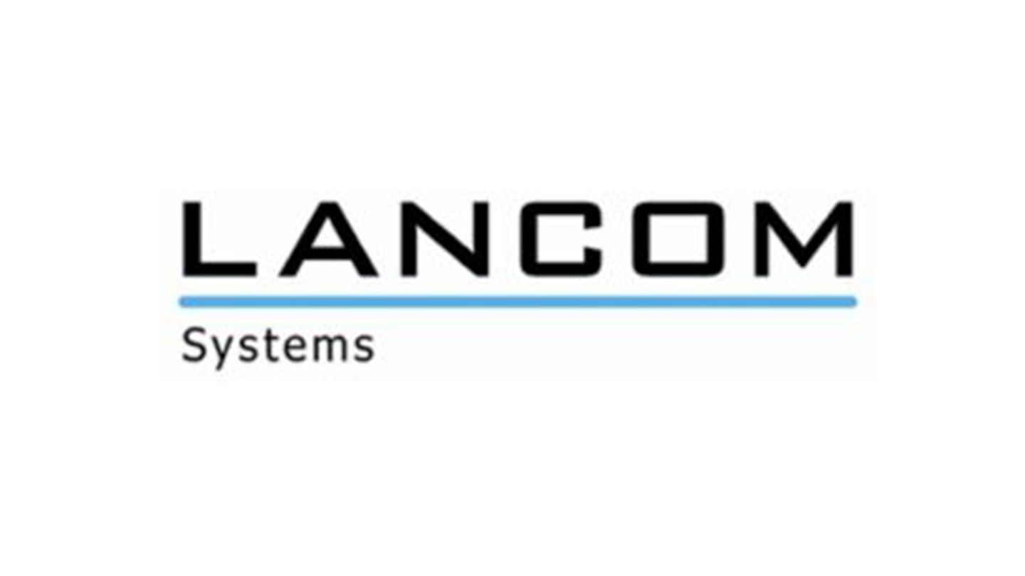 LANCOM Logo in schwarz und blau.